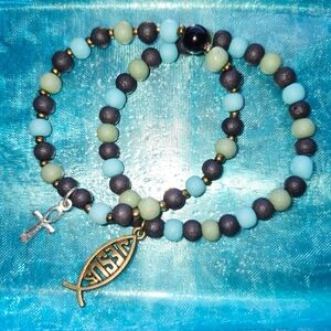 Green, Black, and Teal Blue Matte Beaded Bracelet. Spiritual.
